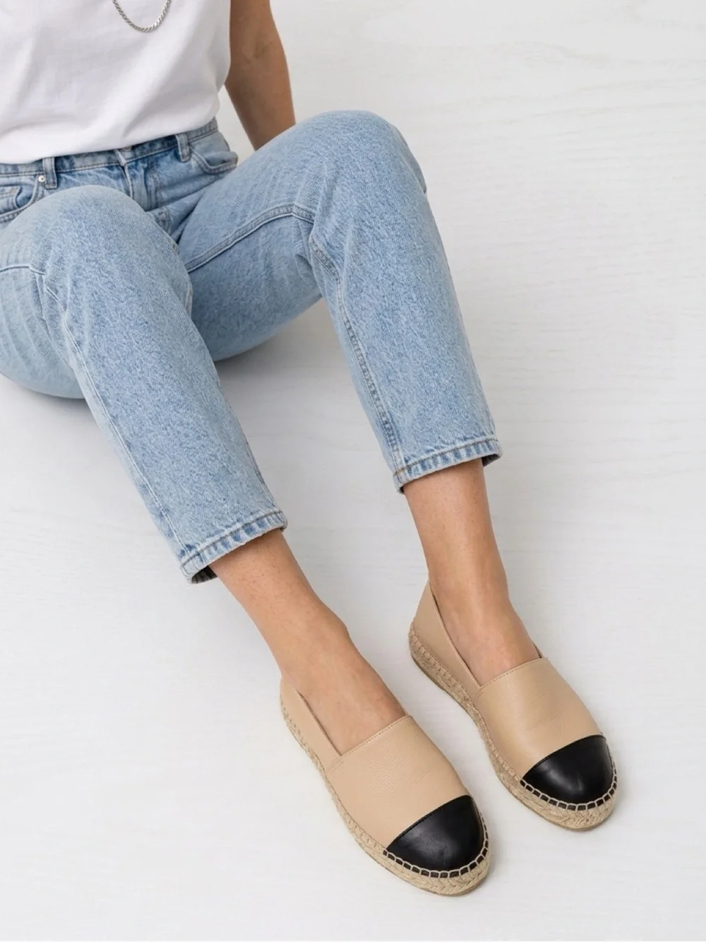 Women's Leather Two-Tone Beige and Black Espadrille Slip-Ons /EU 38 / US7.5-8